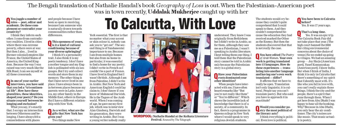 Telegraph Features (@ttfeaturez) on Twitter photo To Calcutta, With Love
The Bengali translation of <a href="/nathaliephandal/">Nathalie Handal / The City and the Writer</a> ‘s book Geography of Loss is out. When the Palestinian-American poet was in town recently, <a href="/leo_mukherjee/">Uddalak Mukherjee</a> caught up with her
<a href="/ttindia/">The Telegraph</a> <a href="/SankarshanT/">Sankarshan Thakur</a> To Calcutta, With Love
The Bengali translation of <a href="/nathaliephandal/">Nathalie Handal / The City and the Writer</a> ‘s book Geography of Loss is out. When the Palestinian-American poet was in town recently, <a href="/leo_mukherjee/">Uddalak Mukherjee</a> caught up with her
<a href="/ttindia/">The Telegraph</a> <a href="/SankarshanT/">Sankarshan Thakur</a>
