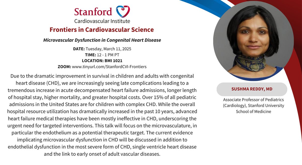 Joseph C Wu, MD, PhD (@joseph_c_wu) on Twitter photo Please join <a href="/StanfordCVI/">Stanford CVI</a> seminar Tue 3/11 @ 12pm PST by Dr. Sushma Reddy <a href="/stanfordpedcard/">Stanford Pediatric Cardiology</a> <a href="/StanfordChild/">Stanford Children's</a>
speak on #microvascular #dysfunction in #CHD
stanford.zoom.us/webinar/registā¦
<a href="/Stanford_ChEMH/">Sarafan ChEM-H</a> <a href="/SeanM_Wu/">Sean M Wu, MD PhD</a> <a href="/BCVSearlyCareer/">Basic Cardiovascular Sciences (BCVS) Early Career</a>
<a href="/ATVBEarlyCareer/">ATVB Early Career Committee</a> <a href="/vascularbiology/">NAVBO</a> <a href="/ISACHD/">Intāl Society for Adult Congenital Heart Diseaseš</a> <a href="/CCardiology/">Congenital Cardiology Today</a> Please join <a href="/StanfordCVI/">Stanford CVI</a> seminar Tue 3/11 @ 12pm PST by Dr. Sushma Reddy <a href="/stanfordpedcard/">Stanford Pediatric Cardiology</a> <a href="/StanfordChild/">Stanford Children's</a>
speak on #microvascular #dysfunction in #CHD
stanford.zoom.us/webinar/registā¦
<a href="/Stanford_ChEMH/">Sarafan ChEM-H</a> <a href="/SeanM_Wu/">Sean M Wu, MD PhD</a> <a href="/BCVSearlyCareer/">Basic Cardiovascular Sciences (BCVS) Early Career</a>
<a href="/ATVBEarlyCareer/">ATVB Early Career Committee</a> <a href="/vascularbiology/">NAVBO</a> <a href="/ISACHD/">Intāl Society for Adult Congenital Heart Diseaseš</a> <a href="/CCardiology/">Congenital Cardiology Today</a>