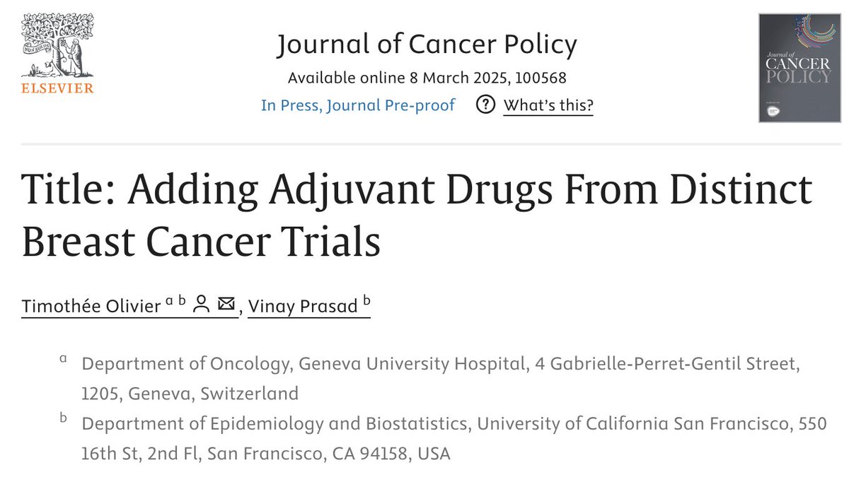 Timothée Olivier, MD (@timothee_md) on Twitter photo Our new paper w/ <a href="/VPrasadMDMPH/">Vinay Prasad MD MPH</a> is out in JCP today!
19th St Gallen starts in 3 days!
Couldn't be more timely!
A hot Q was raised at 18th Conf – likely a similar Q will come up again:
"Should we combine adjuvant drugs that were tested in isolation in phase 3 trials?"
🧵1/9 Our new paper w/ <a href="/VPrasadMDMPH/">Vinay Prasad MD MPH</a> is out in JCP today!
19th St Gallen starts in 3 days!
Couldn't be more timely!
A hot Q was raised at 18th Conf – likely a similar Q will come up again:
"Should we combine adjuvant drugs that were tested in isolation in phase 3 trials?"
🧵1/9