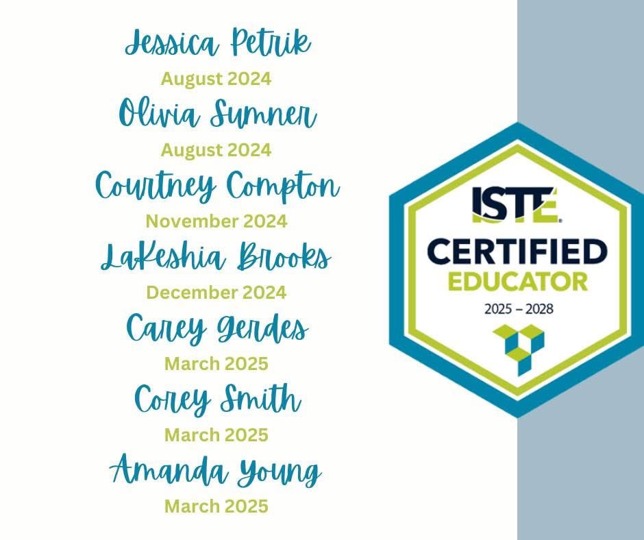18 months of learning, applying, collecting evidence and data is over and 7 <a href="/EIChargers/">EducationImagine</a> are <a href="/ISTEofficial/">ISTE</a> certified! All staff completed 6 months of ISTE cert. Then, they chose a certification to earn. So proud of our team! 100% MCE, 50% MIEE, 40% ISTE, 33% LETRS <a href="/WichitaUSD259/">Wichita Public Schools</a>