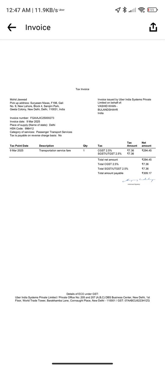 Jawwad204's tweet image. &quot;@Uber_Support Why is there a price difference between my invoice and the receipt? The receipt shows ₹262.79, but the invoice shows ₹294. The driver is charging me according to the invoice. This is unfair. Please clarify and resolve this issue. #Uber #PricingIssue