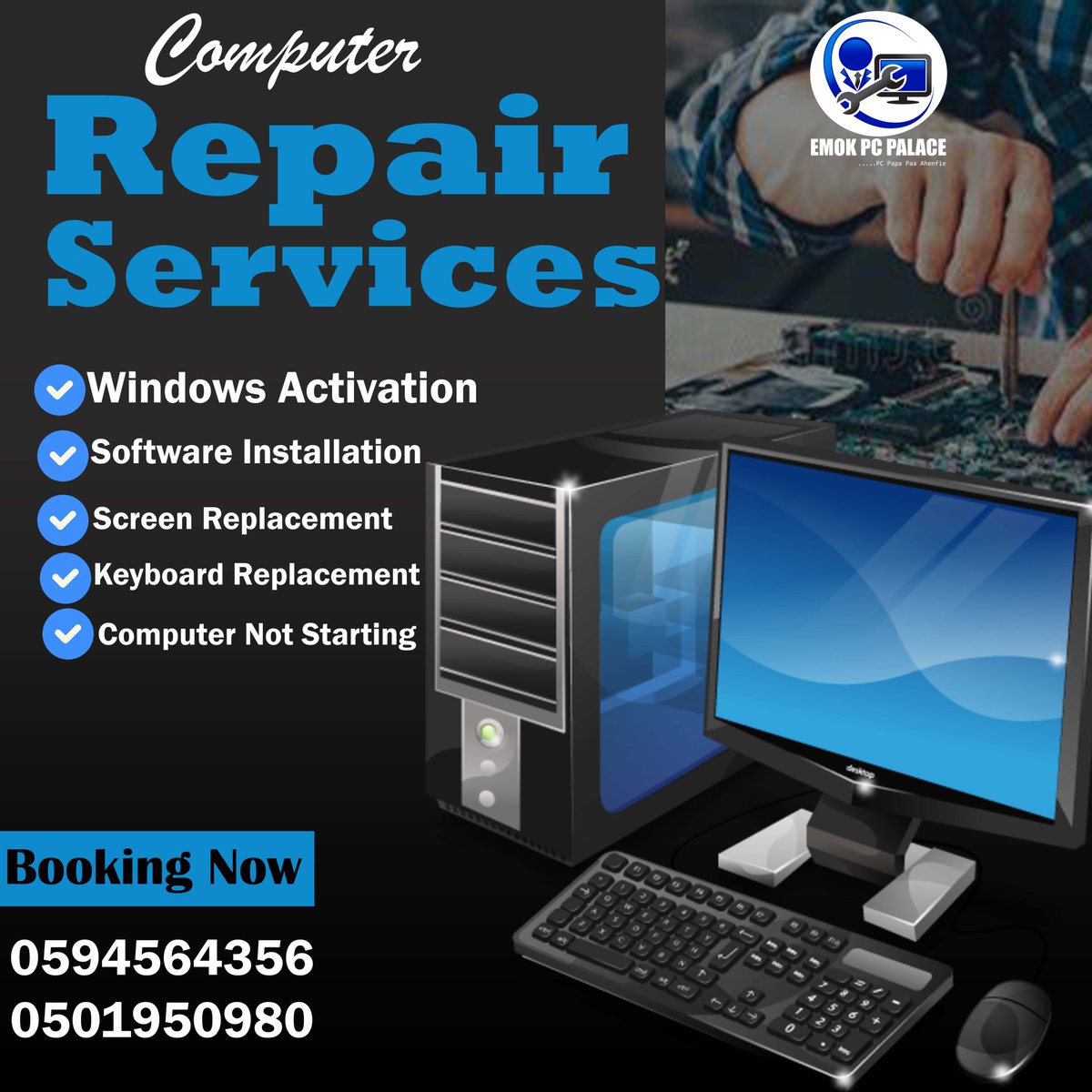 Computer repairs! DM for help. #TechSupport"
"Fixing tech headaches. #PCRepair"
"Your computer's in good hands. #Tech"

With a call to action:

Computer problems? DM me!  0594564356 #TechHelp"