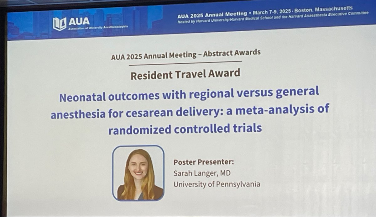 Mark Neuman (@neumanmd) on Twitter photo Big congrats to <a href="/PennAnesthesia/">Penn Anesthesia</a> super intern Sarah Langer on receiving the
<a href="/AUA_Anesthesia/">Association of University Anesthesiologists</a> Resident Travel Award today for her research on neonatal outcomes after cesarean delivery under spinal vs general anesthesia. Well done! Big congrats to <a href="/PennAnesthesia/">Penn Anesthesia</a> super intern Sarah Langer on receiving the
<a href="/AUA_Anesthesia/">Association of University Anesthesiologists</a> Resident Travel Award today for her research on neonatal outcomes after cesarean delivery under spinal vs general anesthesia. Well done!