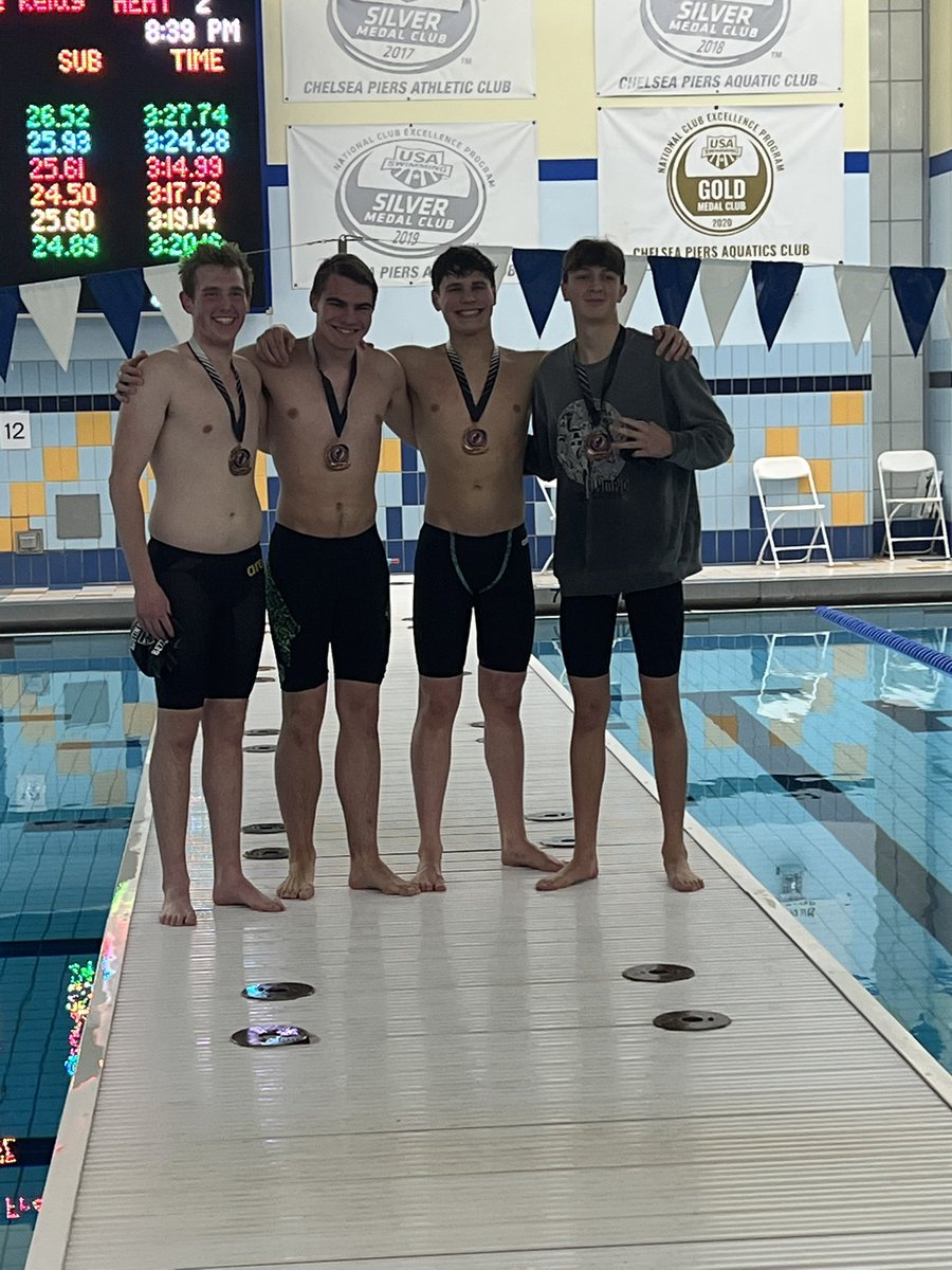 For the final event of the night the boys 400 free relay of Alex, Max,Vincent and Matt finished 3rd overall and dropped 9 seconds off their school record for a new school record of 3:19.15. Alex’s lead off 100 free time of 45.84 was also a new school record in the 100 free