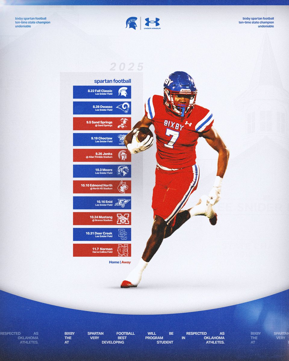 Checkout the fall schedule for your defending 6A-1 State Champions.

Save these dates, Spartan Nation 📆

#BixbySpartans | #Undeniable