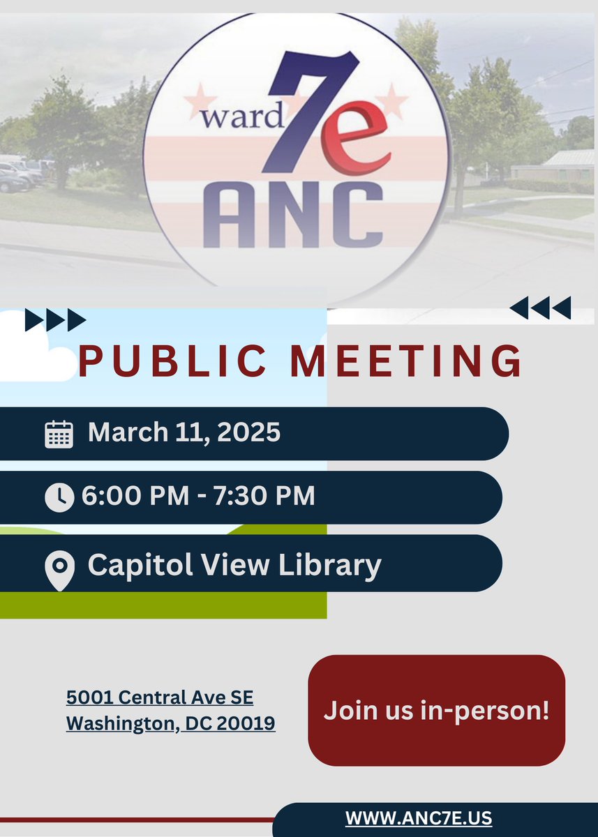 Spring your clocks forward and check out what’s new with <a href="/DDOTDC/">DDOT DC</a> and <a href="/DOEE_DC/">Department of Energy & Environment</a> during the March 11 <a href="/ANC7E/">ANC 7E</a> Meeting. 

📍Capital View Library
⏰ 6pm, 3/11/25
ℹ️ ANC7E.us