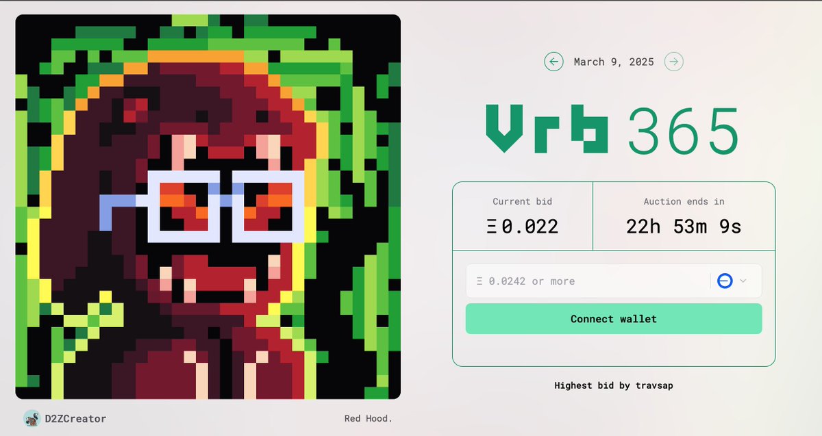 VRB 365 disponivel
Arte por <a href="/d2zcreator/">d2zcreator.eth</a>
Curtiu?
Acesse vrbs.wtf e de seu lance