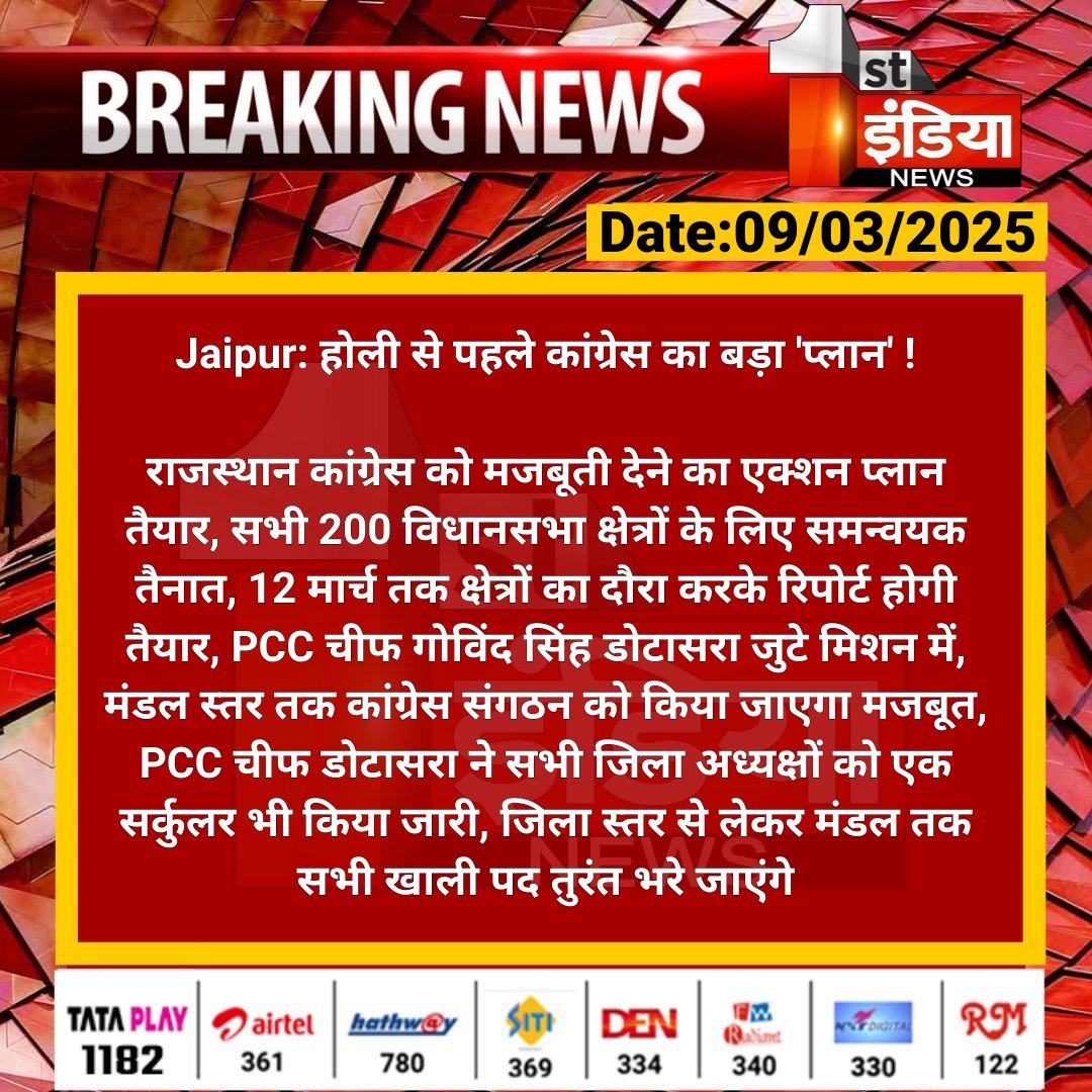 First India News (@1stindianews) on Twitter photo #Jaipur: होली से पहले कांग्रेस का बड़ा 'प्लान' !
राजस्थान कांग्रेस को मजबूती देने का एक्शन प्लान तैयार, सभी 200 विधानसभा क्षेत्रों के लिए समन्वयक तैनात...
#RajasthanWithFirstIndia #Holi #Congress <a href="/INCRajasthan/">Rajasthan PCC</a> <a href="/naresh_jsharma/">Naresh Sharma</a> #Jaipur: होली से पहले कांग्रेस का बड़ा 'प्लान' !
राजस्थान कांग्रेस को मजबूती देने का एक्शन प्लान तैयार, सभी 200 विधानसभा क्षेत्रों के लिए समन्वयक तैनात...
#RajasthanWithFirstIndia #Holi #Congress <a href="/INCRajasthan/">Rajasthan PCC</a> <a href="/naresh_jsharma/">Naresh Sharma</a>