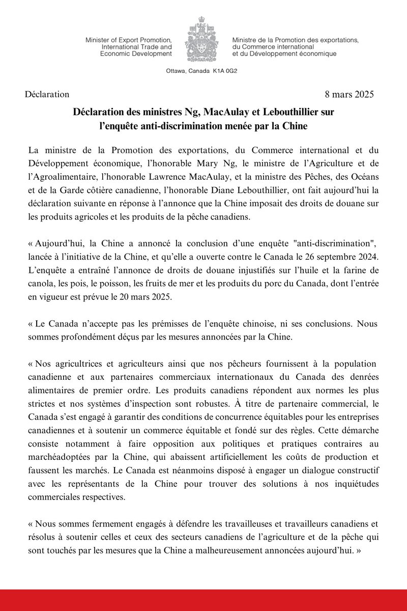 Voici notre déclaration en réponse à l’annonce de la Chine sur l’imposition des droits de douane sur les produits agricoles et les produits de pêche canadiens.