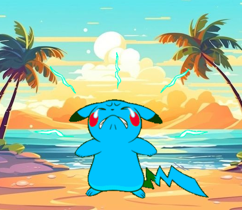 BluePikachuSol's tweet photo. Team Rocket spotted chasing Yellow Pikachu again.  

Blue Pikachu just chilling in beach. https://t.co/OxJCafYrXu