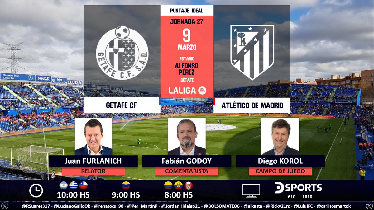 Puntaje Ideal (@puntaje_ideal) on Twitter photo ⚽ #LaLiga 🇪🇸 | #Getafe vs. #AtléticoDeMadrid
🎙 Relator: <a href="/Jfurlanich/">Juan Furlanich 🇦🇷🇻🇪</a>
🎙 Comentarista: <a href="/fabig08/">Fabián Godoy</a>
🎙 Campo de juego: <a href="/diegokorol10/">Diego Korol ⭐️⭐️⭐️</a>
📺 <a href="/DSports/">DSPORTS</a> (610-1610 HD) Sudamérica
💻📱 <a href="/DGO_Latam/">DGO</a>
🤳 #LaLigaEnDSPORTS - #GetafeAtleti
Dale RT 🔃 ⚽ #LaLiga 🇪🇸 | #Getafe vs. #AtléticoDeMadrid
🎙 Relator: <a href="/Jfurlanich/">Juan Furlanich 🇦🇷🇻🇪</a>
🎙 Comentarista: <a href="/fabig08/">Fabián Godoy</a>
🎙 Campo de juego: <a href="/diegokorol10/">Diego Korol ⭐️⭐️⭐️</a>
📺 <a href="/DSports/">DSPORTS</a> (610-1610 HD) Sudamérica
💻📱 <a href="/DGO_Latam/">DGO</a>
🤳 #LaLigaEnDSPORTS - #GetafeAtleti
Dale RT 🔃