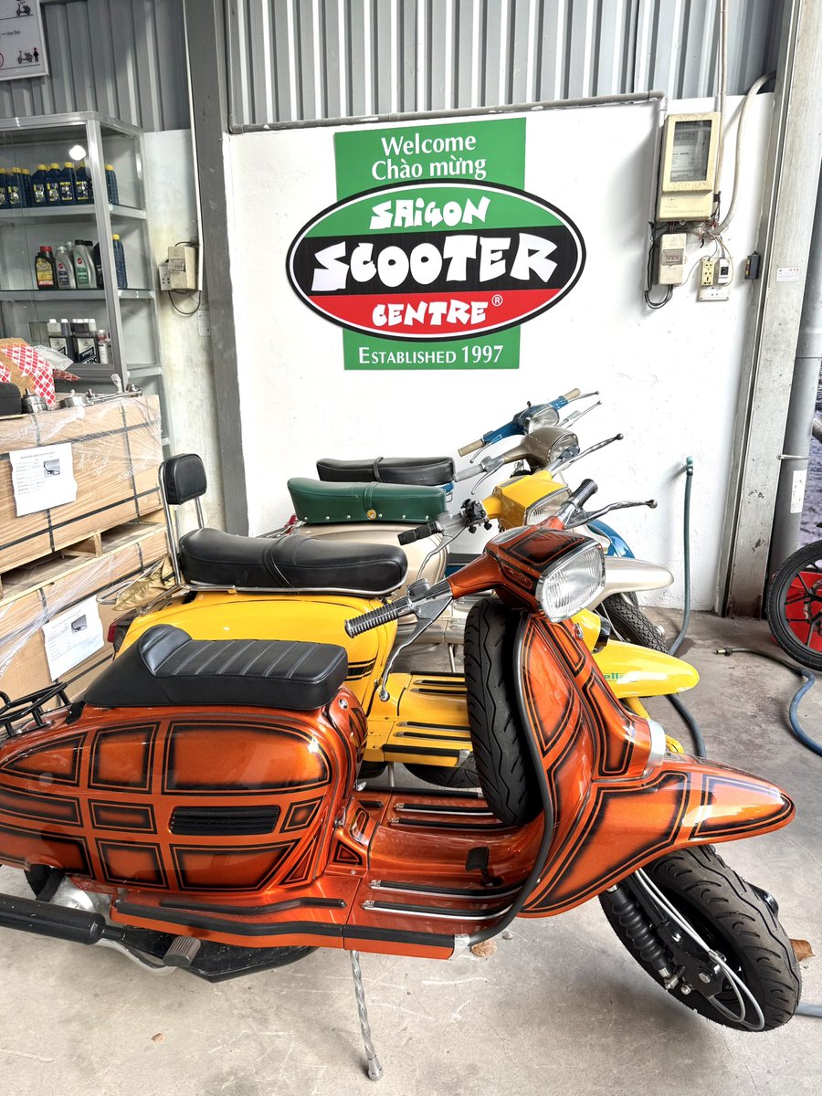 SSCvietnam's tweet photo. New SSC “Chao Mung” signage arrived and up today. If and scooterists are in town drop in and pay us a visit 👍 #ssc #vespa #Lambretta #Est1997 https://t.co/x6zd4cNbnx