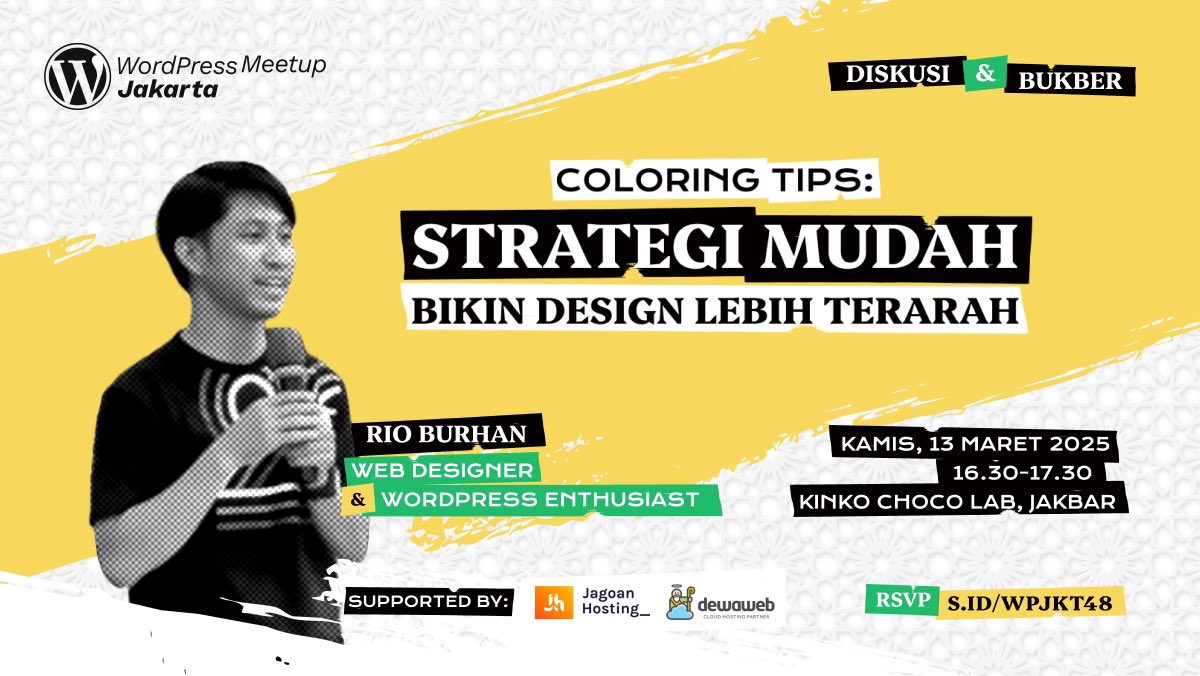 wcjkt's tweet image. 👋 Meetup WordPress Jakarta kembali!
Kali ini spesial Ramadan 🌙—belajar & berbuka bareng!
🎨 Tema: "Coloring Tips: Cara Mudah Bikin Design Lebih Terarah"
📅 Kamis, 13 Maret 2025 | ⏰ 16:30 WIB
📍 Kinko Choco Lab, Jakbar
Gratis & terbuka untuk semua! ✨ Daftar sekarang!