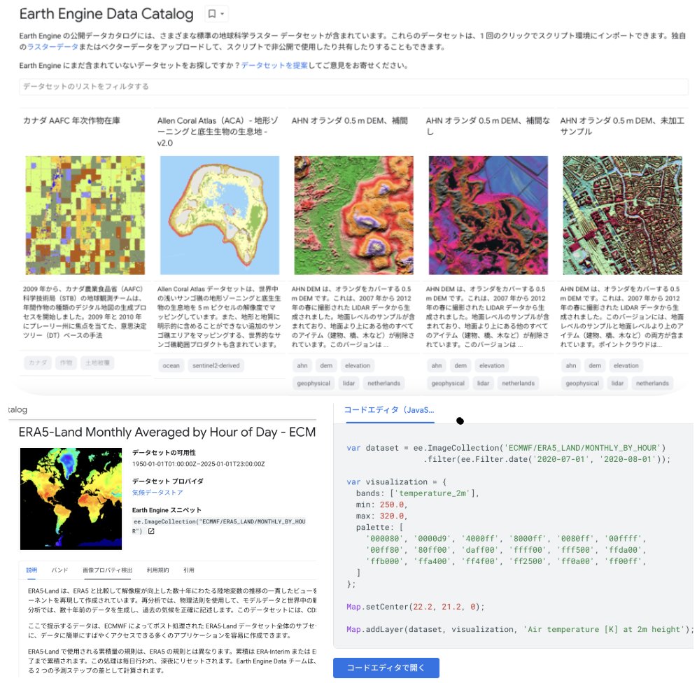 VarealMan's tweet photo. 先ほどの解析画像の様なデータやスクリプトは、「Earth Engine Data Catalog」というページで公開されているぞ!このデータカタログは、Earth Engine で可視化や分析ができるデータセットの一覧なんだぞ!📊
https://t.co/YLnL09mozb
https://t.co/VqvhtjGTPg
#GEE #DataCatalog #企業公式相互フォロー https://t.co/zh82Srs3Z3