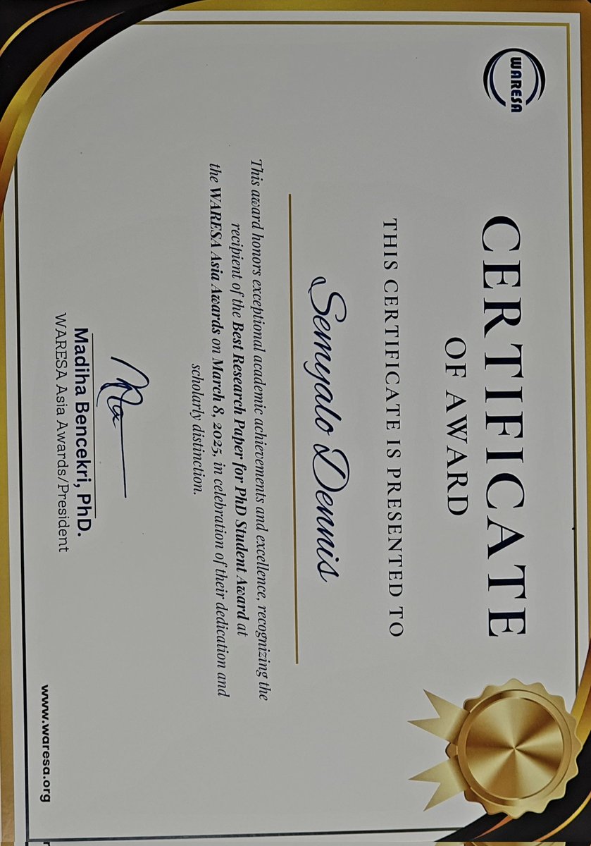 SemyaloDennis's tweet photo. Honored & Grateful!
Thrilled to receive the Best Research Paper for PhD Student Award at the @WARESA Asia Awards in Seoul!
Grateful to my advisors, fellow researchers & everyone who supported me.
#Award #Research #Gratitude #WARESA #Innovation #Excellence https://t.co/dcYMvnISJa