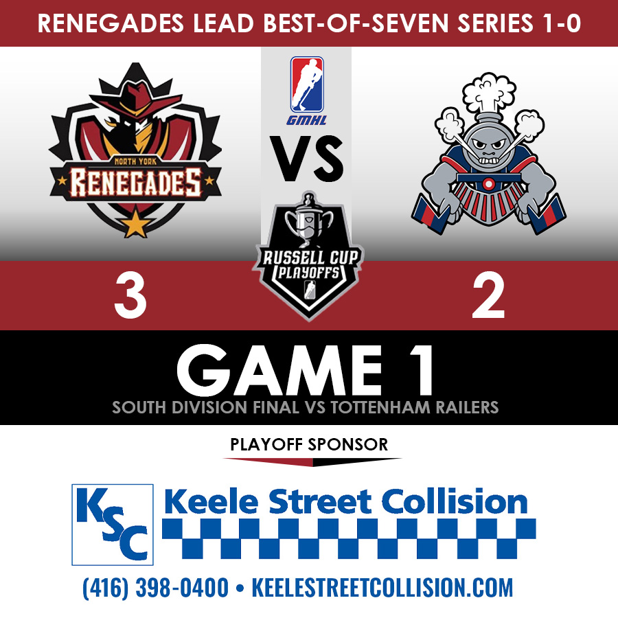 YOUR Renegades win Game 1 as both goalies played well in the opener of GMHL South Division best of seven final. 

Just a reminder that YOUR Renegades will be honouring GMHL referee Mike DaSilva before the game tomorrow for his dedication to the game as he battles cancer.