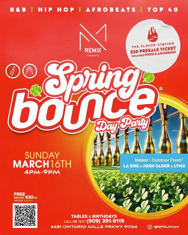 rjpoloman's tweet photo. Spring Bounce Day Party
4pm-9pm
️March 16th
R&amp;B | Hip Hop | Afro Beats | Top 40
Food by: The Flavor Station
4481 Ontario Mills Pkwy, Ontario Ca 91764

Tables Text Day Party 909.391.9119 
IG RJPOLOMAN 
$10 presale entry
$20 presale  food&amp;entry 

https://t.co/g3FKPw4pp1
#DAYPARTY https://t.co/sABhJ7rJFl