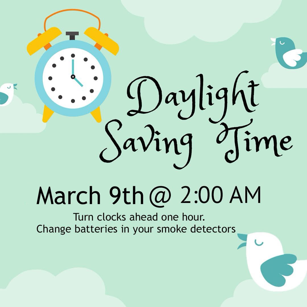 Daylight Saving Time begins tomorrow, Sunday, March 9th. Be sure to "Spring Forward" your clocks 1 hour and check your smoke detector batteries.

#AvonLake #DaylightSavingTime #SpringForward