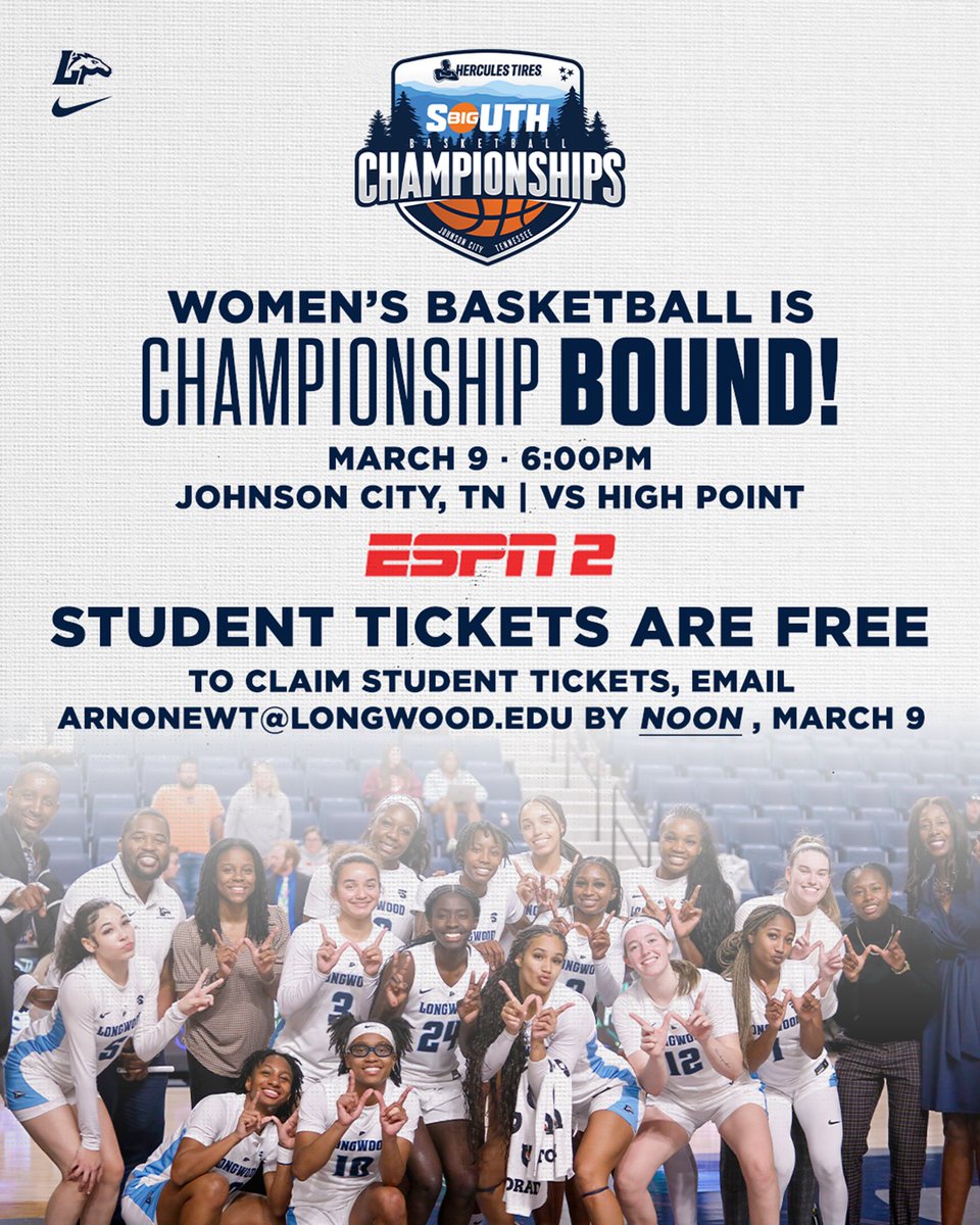 We need Lancer Nation in full force tomorrow as @longwoodwbb battles High Point for a chance to go dancing! 

Students, your tickets to the championship are FREE! Email arnonewt@longwood.edu by NOON, March 9th to claim your free tickets!

See you in Johnson City, tomorrow @ 6pm!
