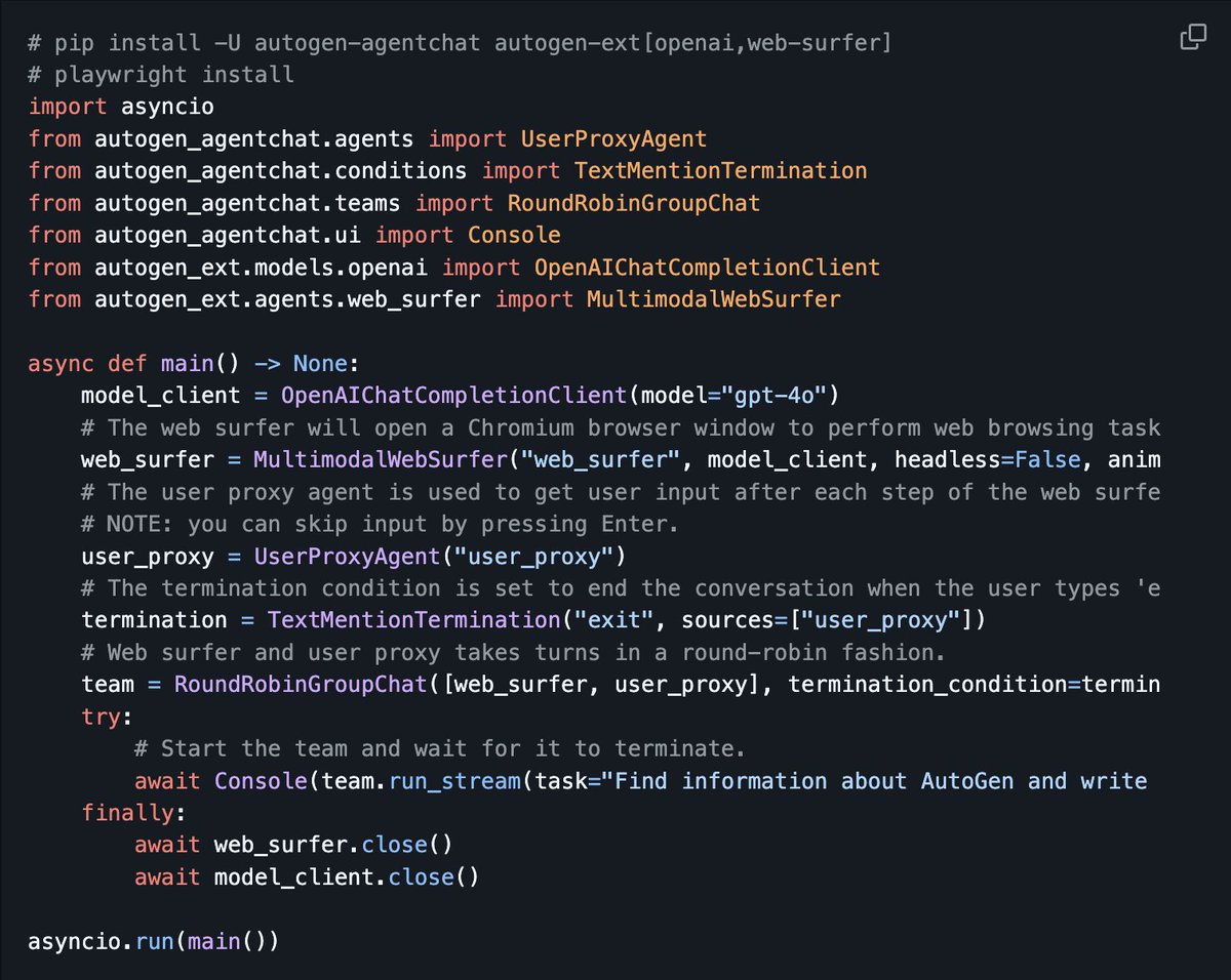 This is how you create a browser use agent in AutoGen. See our README (github.com/microsoft/auto…). We had browser use this time last year, it's wild that it took this long to take off. 

Follow us to see what we are cooking next: <a href="/pyautogen/">AutoGen</a>