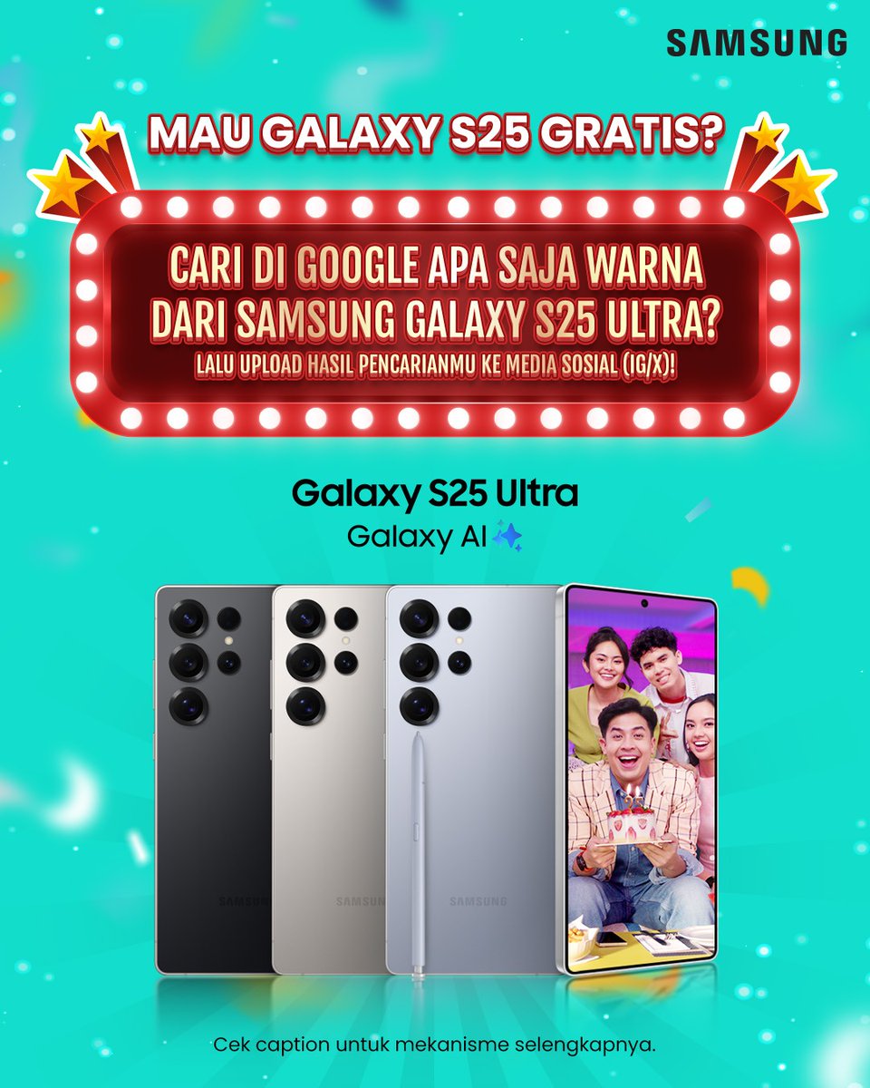 TRANS7's tweet photo. Buat kalian yang belum beruntung dapetin #GalaxyS25 di periode lalu, GAK BOLEH NYERAH! Karena di bulan Ramadhan ini, #IfIWinGalaxyS25Part5 IS BACK!!!! 😎📱

Step pertama,  kamu cari di Google, 𝗮𝗽𝗮 𝘀𝗮𝗷𝗮 𝘄𝗮𝗿𝗻𝗮 𝗱𝗮𝗿𝗶 𝗦𝗮𝗺𝘀𝘂𝗻𝗴 𝗚𝗮𝗹𝗮𝘅𝘆 𝗦𝟮𝟱 𝗨𝗹𝘁𝗿𝗮? Setelah itu, upload jawabannya ke media sosial (IG/X), dan ikuti langkah-langkah selanjutnya👇

1. Follow akun Instagram @officialtrans7 dan @samsungindonesia. Pastikan akun kamu tidak di-private ya! 🔓 🔓
2. Buat pencarian di Google sesuai dengan pertanyaan di atas & bikin konten semenarik mungkin berdasarkan hasil pencarian kamu.
3. Upload konten yang telah kamu buat & hasil pencarian kamu di Google ke media sosial (IG/X).
4. Tuliskan juga jawaban dari pertanyaannya di caption beserta hal kreatif apa yang akan kamu lakukan jika memenangkan Galaxy S25!
5. Kasih tau juga nama & domisili kamu di caption, lalu cantumkan hashtag #IfIWinGalaxyS25Part5 #GalaxyAI #GalaxyS25Ultra #GalaxyS25 #AIUnderstandsYou #SamsungXTRANS7 dan mention 3 orang teman kamu.

Satu pemenang yang beruntung akan mendapatkan 1 unit Samsung Galaxy S25! Pemenang akan diumumkan lewat akun IG @officialtrans7 pada tanggal 𝟭𝟭 𝗠𝗮𝗿𝗲𝘁 𝟮𝟬𝟮𝟱.

S&K berlaku:
- Keputusan juri tidak dapat diganggu gugat
- Periode kuis: 5 - 11 Maret 2025
- Kegiatan ini tanpa dipungut biaya apapun
👉Penasaran sama Galaxy S25 Series? Sekarang kamu bisa cobain dan experience langsung di Samsung Experience Store! Buruan datang dan dapatkan Shopping Voucher GRATIS! 👏😻

#IfIWinGalaxyS25Part5 #GalaxyAI #GalaxyS25Ultra #GalaxyS25 #AIUnderstandsYou #SamsungXTRANS7 #T7