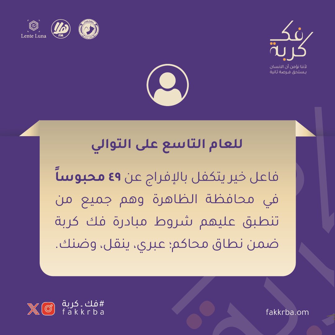 للعام التاسع على التوالي،
تستمر هذه اليد المعطاءة في كتابة قصص الأمل والحرية.
فاعل خير لم يتوقف عن العطاء، فيتكفل بالإفراج عن جميع المحبوسين ممن تنطبق عليهم شروط مبادرة #فك_كربة في محاكم محافظة #الظاهرة، ليعيد لهم أمل الحياة مرة أخرى. 
✨لأننا نؤمن بأن الإنسان يستحق فرصة ثانية✨