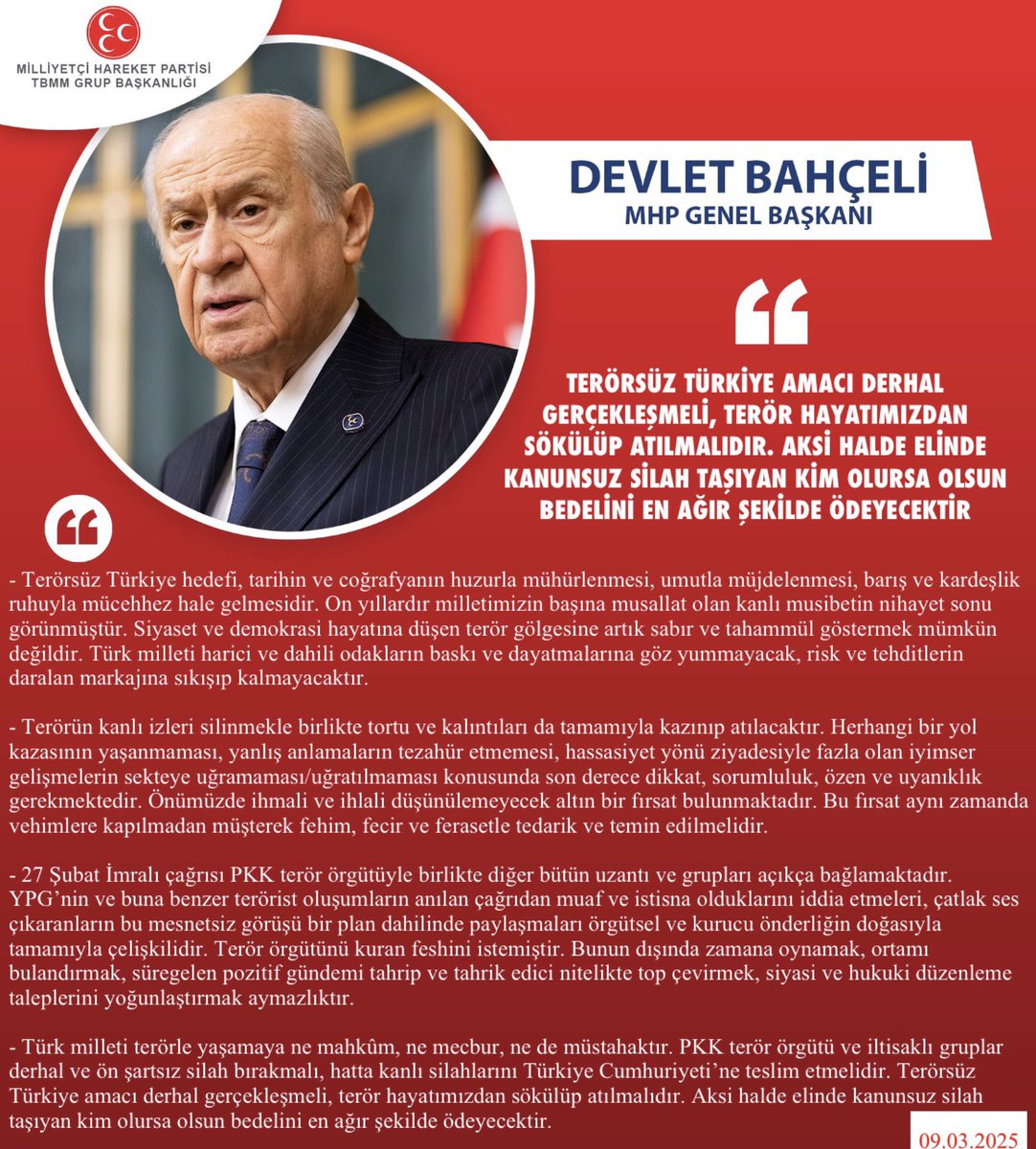 mhpizmirilbsk's tweet photo. Genel Başkanımız Sayın Devlet BAHÇELİ @dbdevletbahceli: Terörsüz Türkiye amacı derhal gerçekleşmeli, terör hayatımızdan sökülüp atılmalıdır. Aksi halde elinde kanunsuz silah taşıyan kim olursa olsun bedelini en ağır şekilde ödeyecektir https://t.co/r9nQbApcQr
