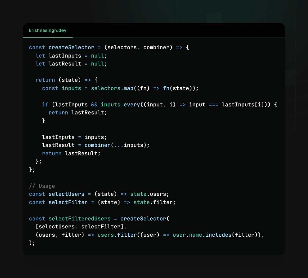 krishnasinghdev's tweet image. The Selector Pattern - Efficient State Access

Why it&apos;s efficient:
1. Memoized selections
2. Prevents unnecessary updates
3. Better performance
4. Clean state access

#follow for more fun insights! 🌱