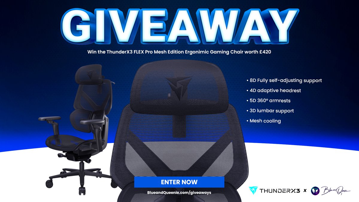 QueenieandBlue's tweet image. 💺 Pure Comfort Gaming Chair #Giveaway 💺

We're continuing our 10yrs streaming party with ThunderX3 and giving away their amazing FLEX Pro Gaming Chair worth £420+!

🔹Follow @QueenieandBlue
🔹Follow @ThunderX3Global
🔸Retweet
🔸Tag a friend
📣Enter blueandqueenie.com/giveaways #ad