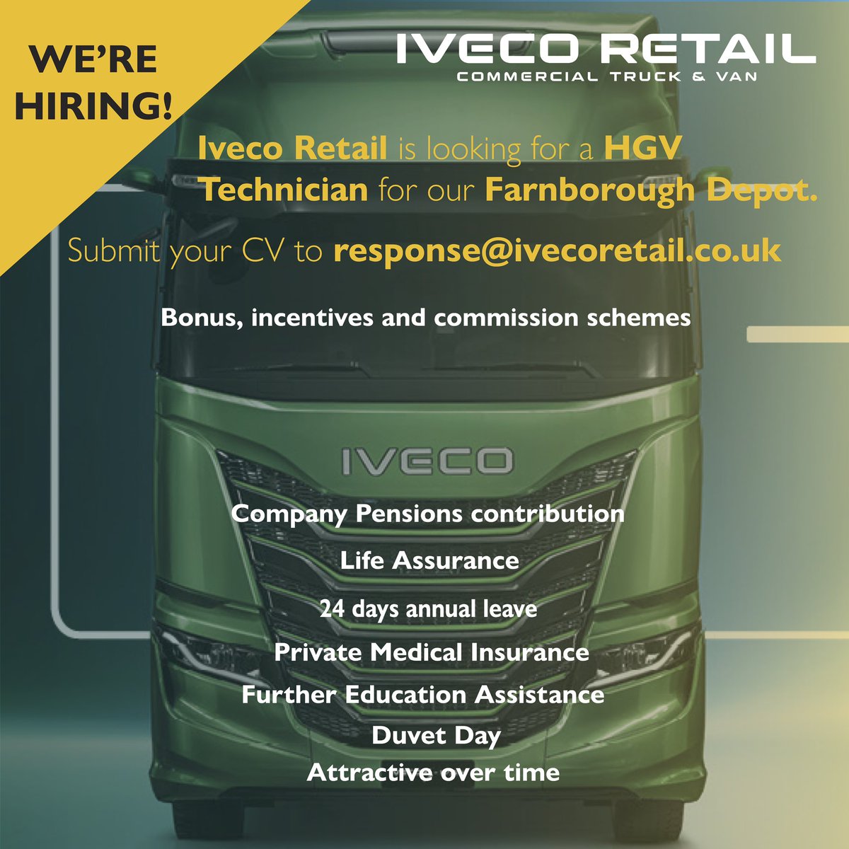 🚨 WE’RE HIRING! 🚨

Iveco Retail is looking for an HGV Technician to join our Farnborough Depot.

If you’re ready to take the next step in your career, send your CV to response@ivecoretail.co.uk today.

#IvecoRetail #JobOpportunity #Hiring #HGVTechnician #JoinOurTeam