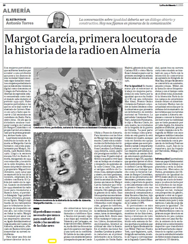 Pioneras de la comunicación: Margot García, primera locutora de la radio en Almería.
<a href="/AtorresAntonio/">Antonio Torres</a> en la columna 'El retrovisor' de <a href="/lavozdealmeria/">La Voz de Almería</a> 
Versión digital ▶️ qrcd.org/8J68