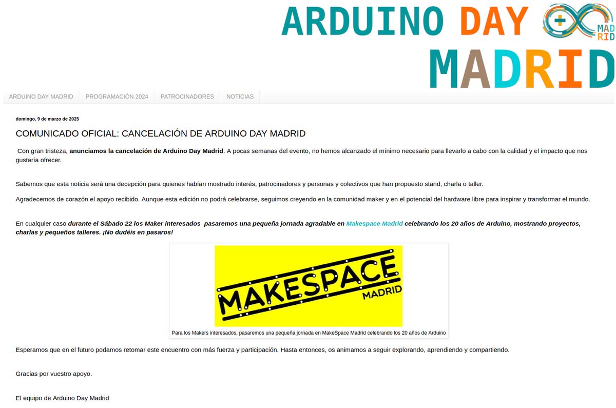 ArduinoDayMAD's tweet image. COMUNICADO OFICIAL: CANCELACIÓN ARDUINO DAY MADRID
arduinodaymad.blogspot.com/2025/03/comuni…
Para los Makers interesados, sin embargo, pasaremos un día agradable con algunas charlas y pequeños proyectos para celebrar los 20 años de Arduino en @MakespaceMadrid .
¡Más información muy pronto!