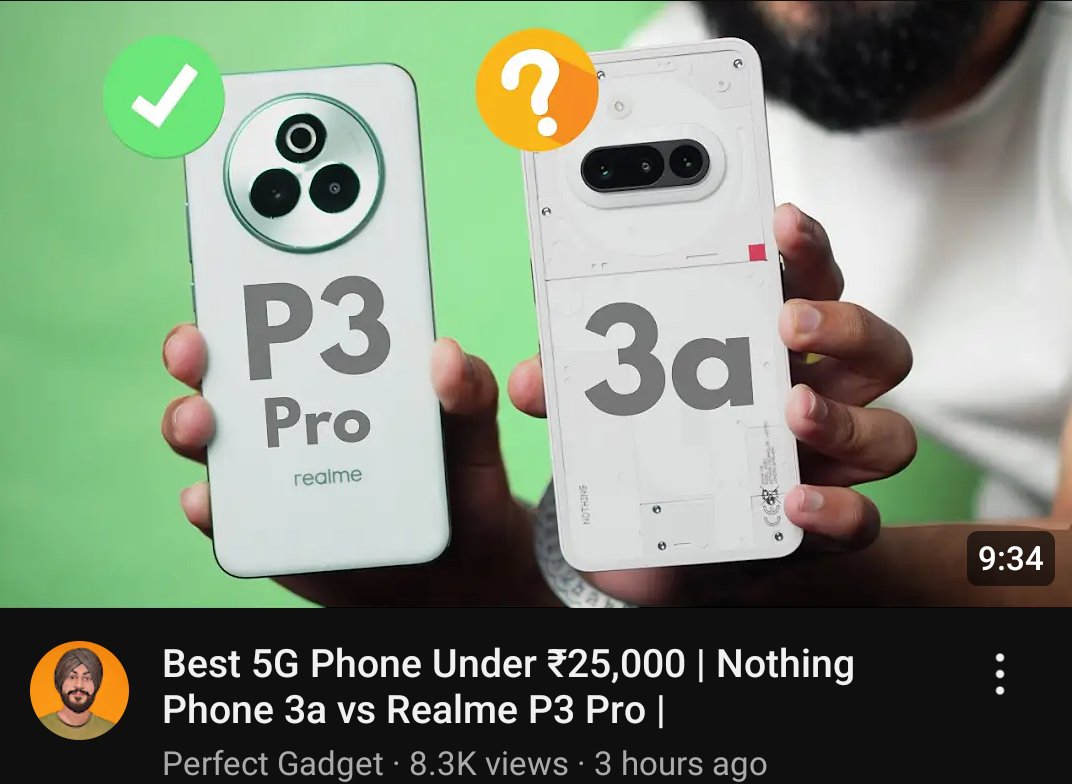 If you are confused about buying between Realme P3 Pro &amp; Nothing Phone (3a) then, 

This is a perfect video to watch &amp; make your decision...👌💯.

At first the Realme P3 Pro might look great value over the Phone (3a) BUT, the truth is just opposite 👀!!!

Great Work