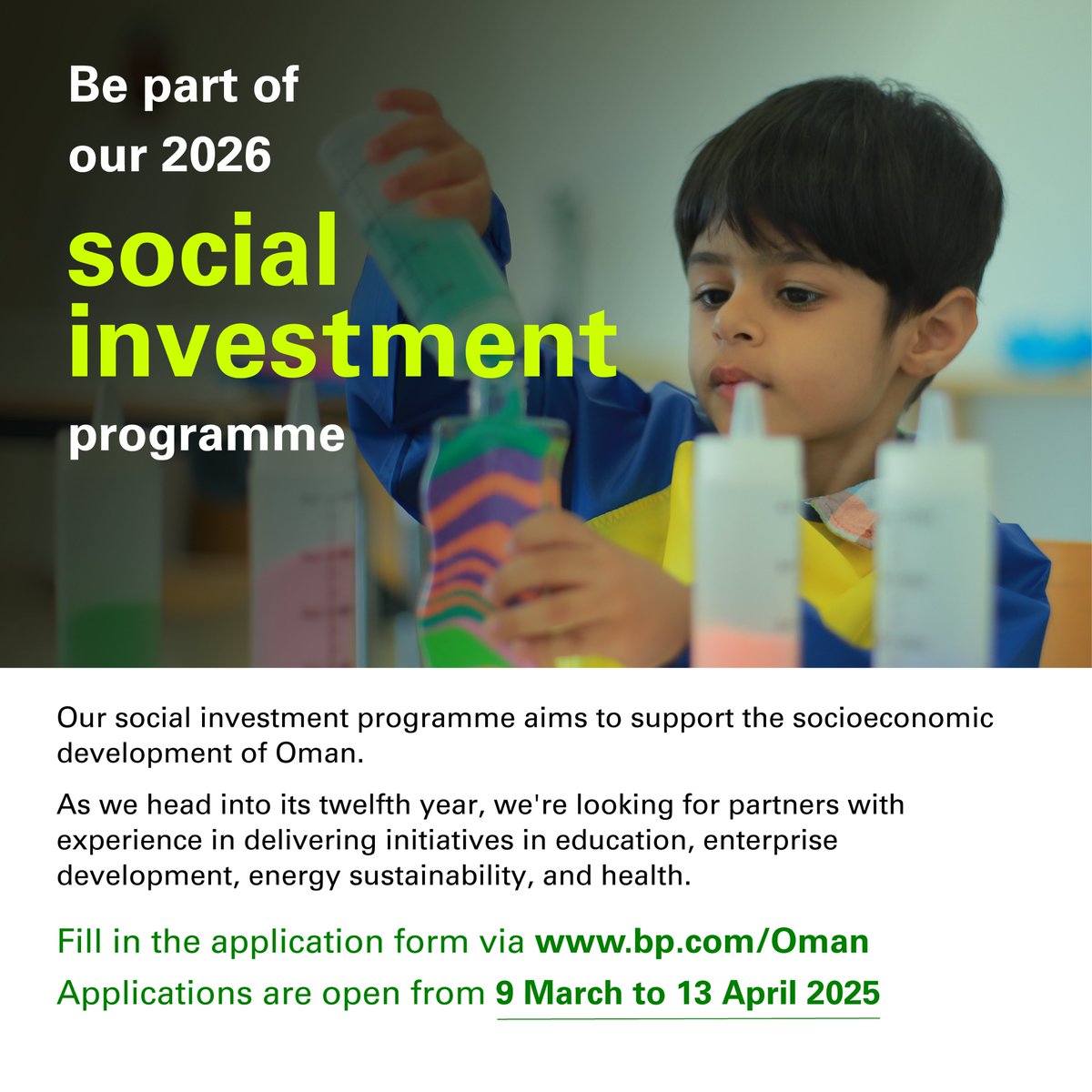 bp_Oman's tweet photo. We are committed to continue driving Oman’s society towards a sustainable future and empowering Omani capabilities. We’re delighted to launch the request for proposal (RFP) for our 2026 social investment programme. You can now apply through https://t.co/wbfmbQPiD2 https://t.co/LotL6SZgUF
