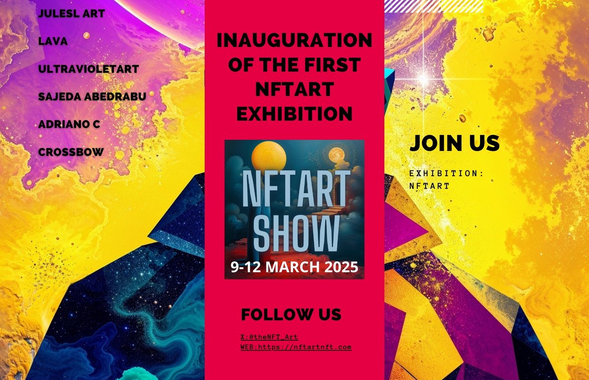 theNFT_Art's tweet photo. The exhibition gates are open!
Close Wednesday, March 12, 2025 at 10 pm UTC.
Until then, you can admire 12 exhibited works by talented international artists.
Enter here👇
https://t.co/h9ZXomxClH
#NFT #NFTArt #NFTShow #NFTArtists #NFTCollectors #NFTCollection #NFTExhibition https://t.co/LKFx3itVDd