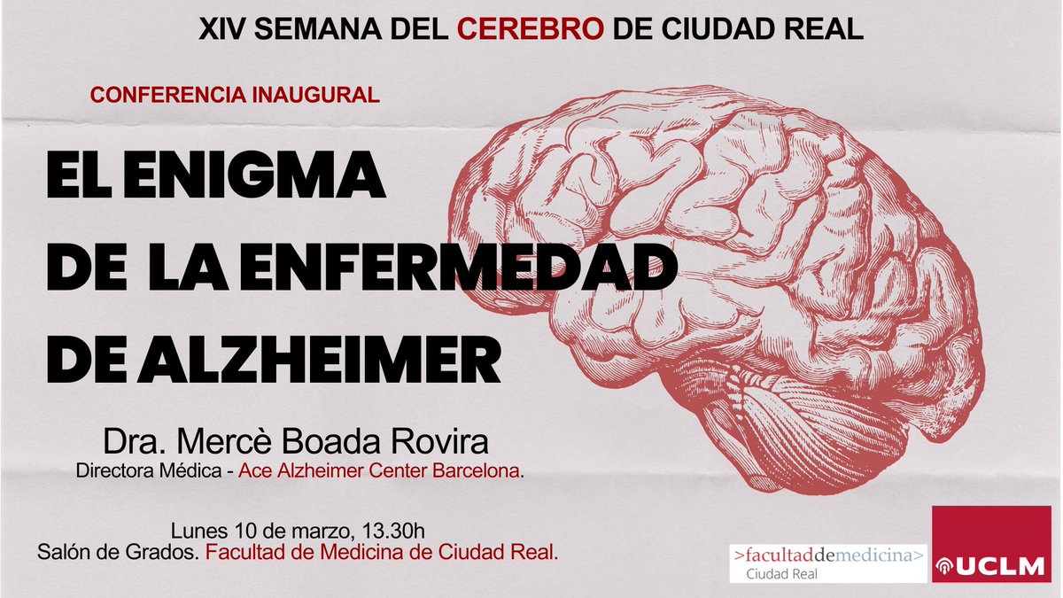 BAWCR's tweet photo. Mañana arranca la XIV Semana del Cerebro de Ciudad Real con la conferencia inaugural "El enigma de la enfermedad de Alzheimer" a cargo de Mercé Boada. La conferencia será en el salón de grados de @MedicinaCR_UCLM y la retransmitiremos en streaming en https://t.co/xlp2LFtDuQ https://t.co/TsPpnA9GqO