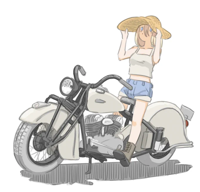 「さて、この麦わら帽子をどこにしまうかですが…」と言っている女子です。(Indian Model 340 Chief(1940))【再掲】#バイクJK#イラスト 