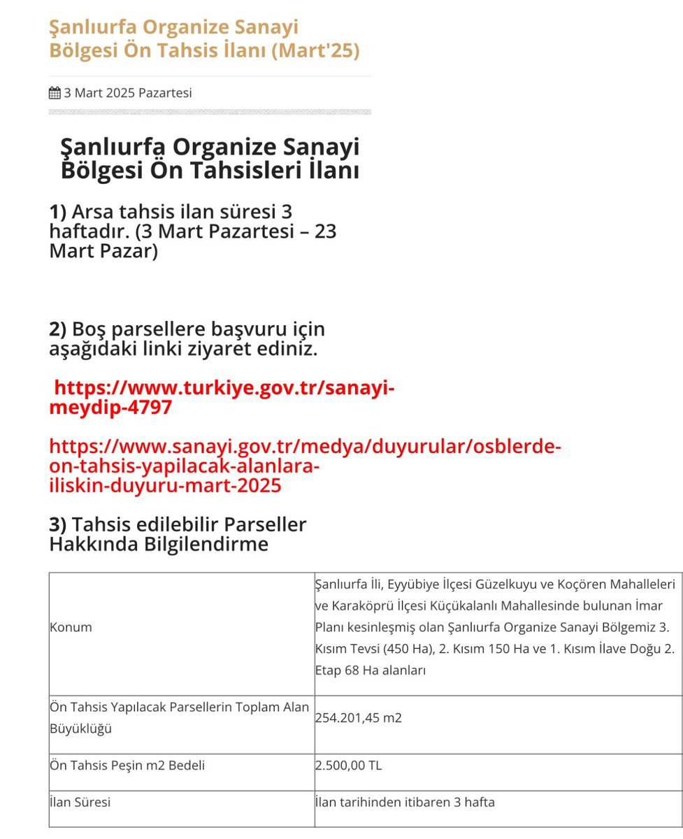 Şanlıurfa OSB’de sanayi arazileri sanayiciye değil, ranta gitti! Şimdi ise 1.000 m² için 2.500.000 TL isteniyor. Yatırım yapmak isteyen değil, al-sat yapan kazandı! Bu adaletsizlik neden? OSB açıklasın! #şanlıurfaosb #sanayiciyeengel