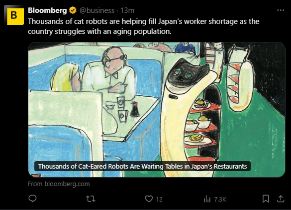 This is not that positive. The lack of labour force in Japan is due to the population decline. 

Some may find cat robots waiter guest at restaurants cute. But... A signal that the society is about to collapse if people in Japan don't have more children.