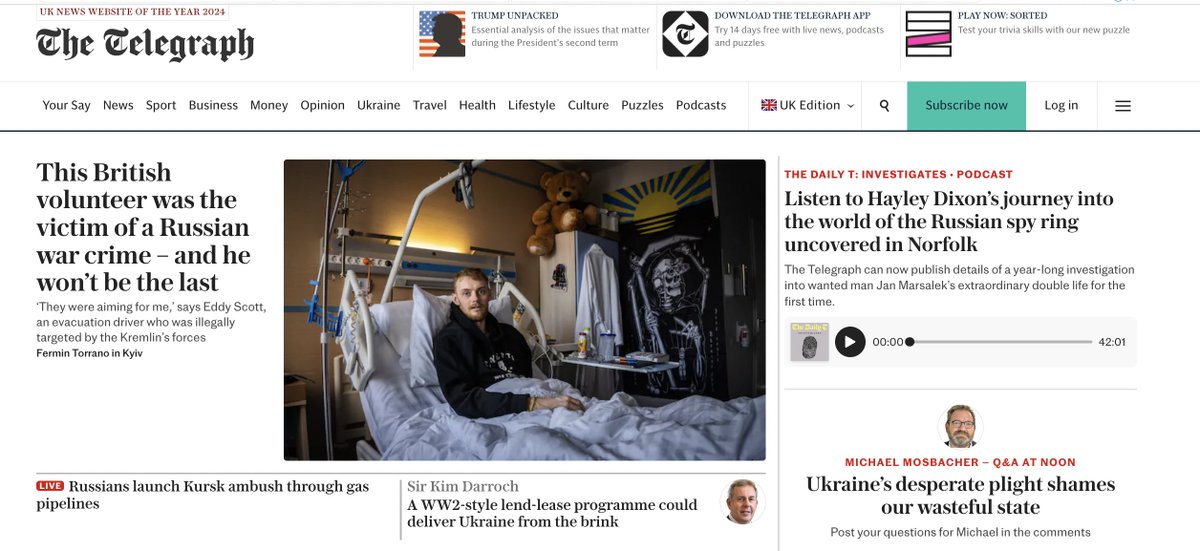 No todos los días abre uno el <a href="/Telegraph/">The Telegraph</a>, y me alegra poder hacerlo con esta historia:

Eddy fue atacado evacuando civiles en Pokrovsk.

Perdió la pierna y el brazo.

Fue un ataque premeditado, un nuevo crimen de guerra que sumar a la larga lista rusa.

telegraph.co.uk/world-news/202…