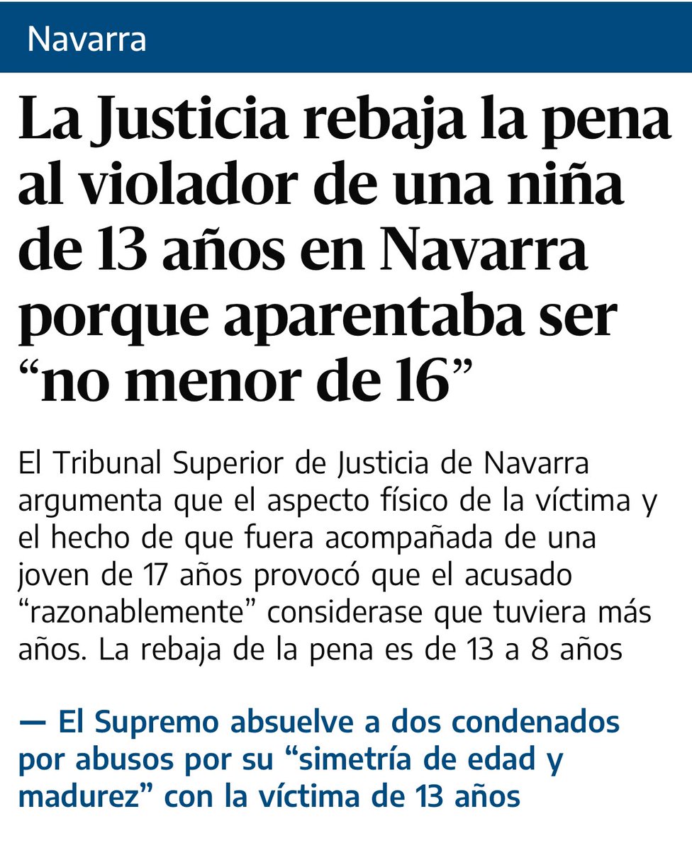judit_sinhache's tweet photo. ¿Existe alguna ley que, en caso de una menor de edad, si su apariencia física sugiere más edad permita REBAJAR la CONDENA al VIOLADOR?

Un juez en Navarra rebaja la pena de 13 a 8 años al violador de una niña

SON las leyes o LOS JUECES los que REBAJAN las PENAS a los VIOLADORES? https://t.co/OpTlhwNPeW