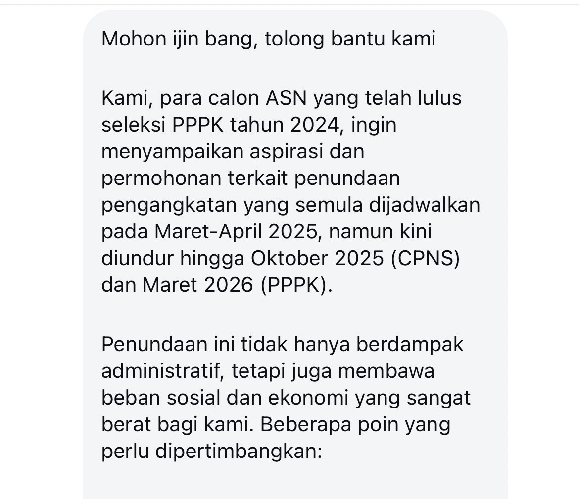 yusuf_dumdum's tweet photo. Banyak keluhan yang datang lewat DM saya mengenai penundaan pengangkatan CPNS yang seharusnya bulan Maret namun diundur hingga 1 Okbtober 2025.

Untuk Pegawai Pemerintah dengan Perjanjian Kerja (PPPK) mundur dari Oktober menjadi 1 Maret 2026.

Mereka rata-rata ternyata sudah terlanjur resign dr kerjaan sebelumnya karena harus mengikuti jadwal yang telah ditetapkan. Namun sungguh malang, disaat mereka telah korbankan semua ternyata kini pengangkatan harus ditunda.

Sementara, ada partai yang tdk lolos saat pemilu kemaren malah sekarang sibuk bagi2 jabatan. Bahkan ada yang suami istri juga diangkut dapat jabatan dg gaji puluhan juta. Di mana keadiln itu ? Tolong atensinya pak @prabowo