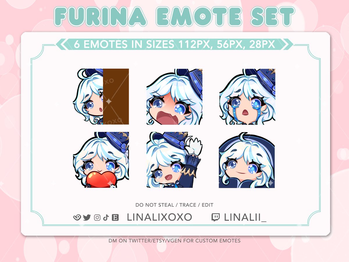 linalixoxo's tweet photo. ✨NEW EMOTES✨
Genshin Impact Furina emotes available on Etsy. Individual emotes also available 💙
This took way too long to complete KEKW
-------------- ◦ ✤ ◦ --------------
#genshinimpact #twitchemotes #emoteartist #genshinemotes https://t.co/Q8mlYHTuZc