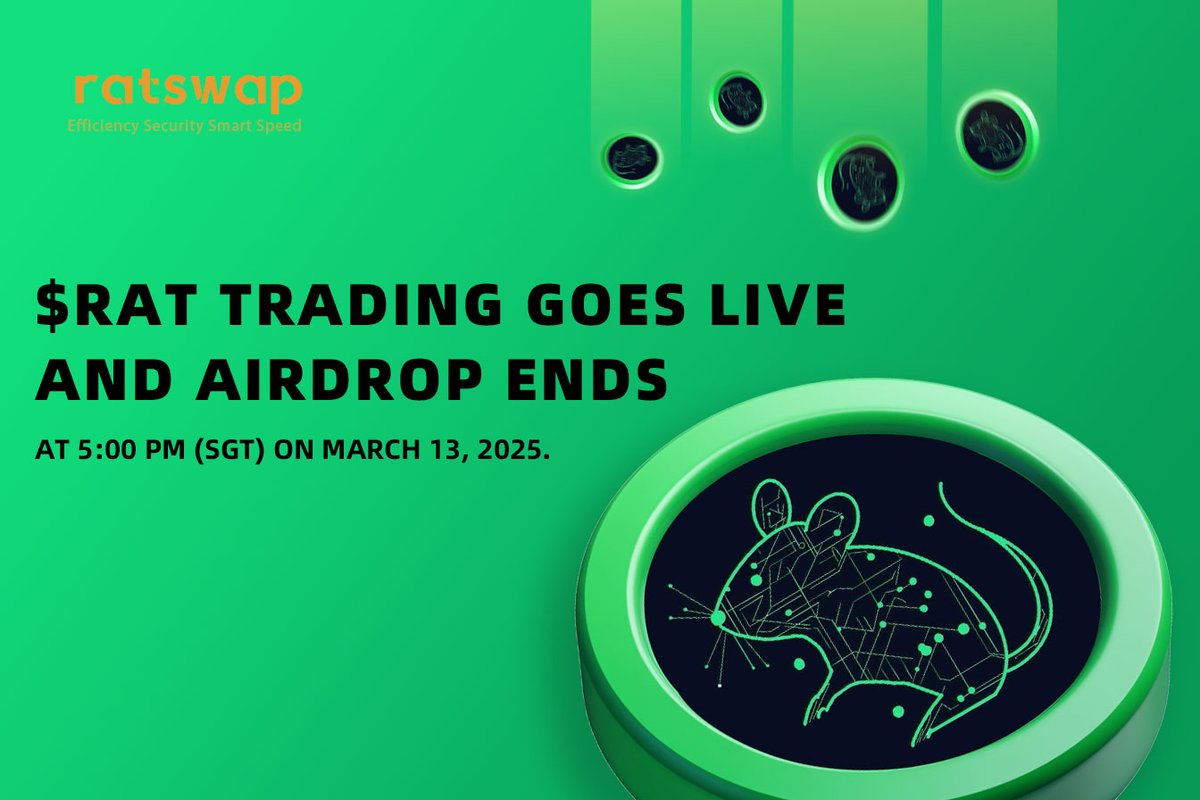 ratswap_labs's tweet photo. The first phase of the #Ratswap interaction airdrop reward event is about to end!
The event will close at 17:00 (Singapore Time) on March 13, 2025.
After this time, any unclaimed $RAT tokens will be burned into a black hole. Make sure to claim your $RAT rewards on time! π₯
$RAT Token Distribution:
π° 20% allocated to early participants, testers, and builders of Ratswap
π― 2% for marketing airdrop
π 78% for 200BNB V3 liquidity fair launch
Buyback Mechanism After $RAT Launch:
Once $RAT is live, 50% of Ratswap platform earnings will be used to buy back $RAT for long-term interaction rewards; the remaining 50% will be used for buyback and burn, ensuring $RATβs scarcity and value. π₯
$RAT Contract Address:
0xDD7c5F5Ef07293B03D92177297e718FD699878e9
Join us:
π https://t.co/824b56JBbU
π¬ @ratswap_labs
π’ https://t.co/gNdRexmPBT
π¬ TeleGram: https://t.co/upWXyamtBa
π Website: https://t.co/k9wEbOYCOc