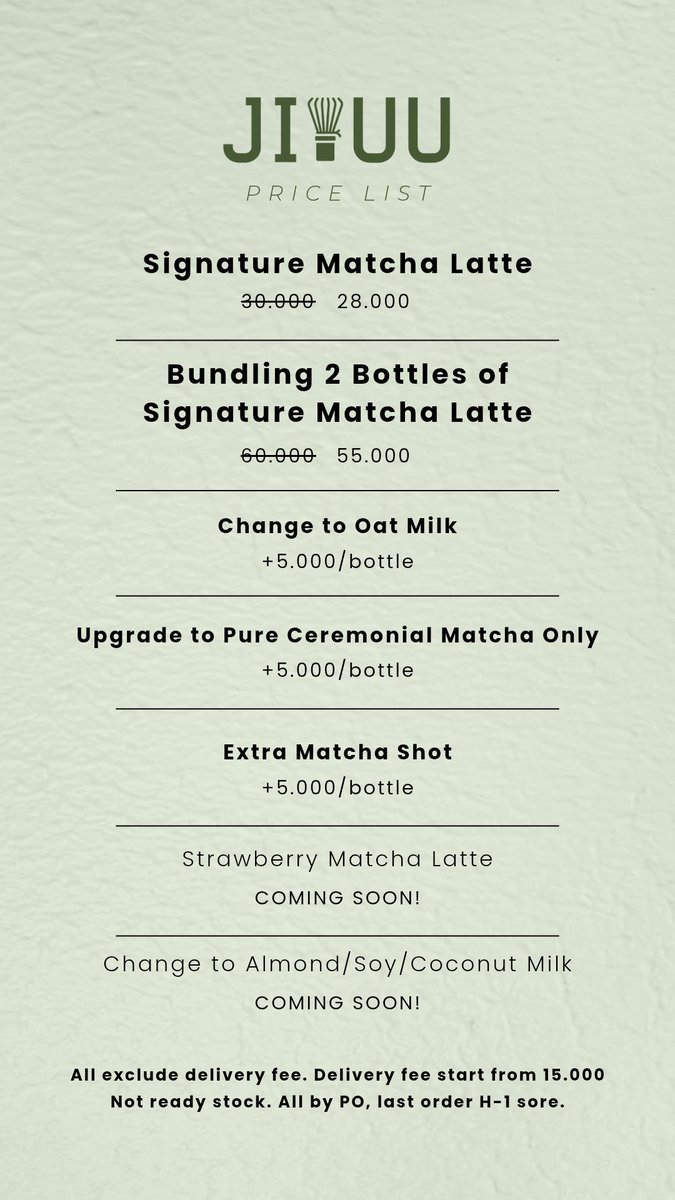jiyuumatcha's tweet photo. Premium matcha latte, sudah sold 125++ botol! Available dalam bentuk ramadhan hampers jugaa 🌿🕌
.
Order/info > https://t.co/VHMnwsoM2B
🛒By PO &amp; delivery only
📍Jl. Kalpataru no 62B
💰 Start from 28k (all under 100k)

.
@infomalang
#pasarmingguinfomalang https://t.co/12Ad8LLWAs