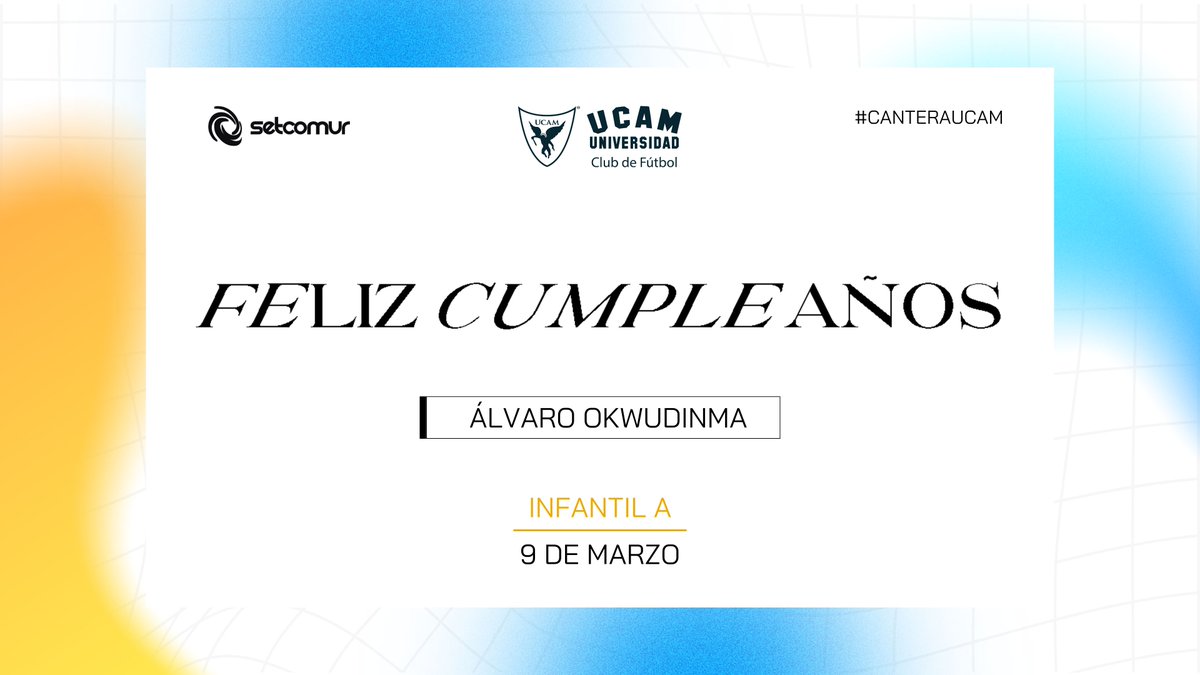 #CanteraUCAM | ¡Feliz cumpleaños! 🥳

🎂 Álvaro Okwudinma (Infantil A).
🎂 Hugo Perán (Prebenjamín A). 

⭐️ <a href="/Setcomur_S_L/">Setcomur, S.L.</a>