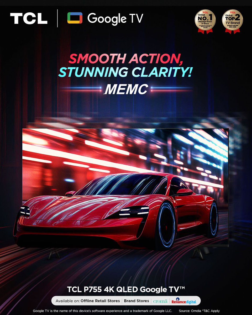 tcl_india's tweet photo. Experience ultra-smooth visuals with MEMC on the TCL P755 4K QLED Google TV! Whether it’s fast-paced sports or action-packed movies, enjoy every frame with seamless motion and crystal-clear detail. 🏀🎥✨

Know more: https://t.co/xJOnRCKKLL

#TCL #QLEDTV #MEMC #SeamlessMotion #SmoothVisuals #4KExperience #GoogleTV #InspireGreatness 🎮📺🔥