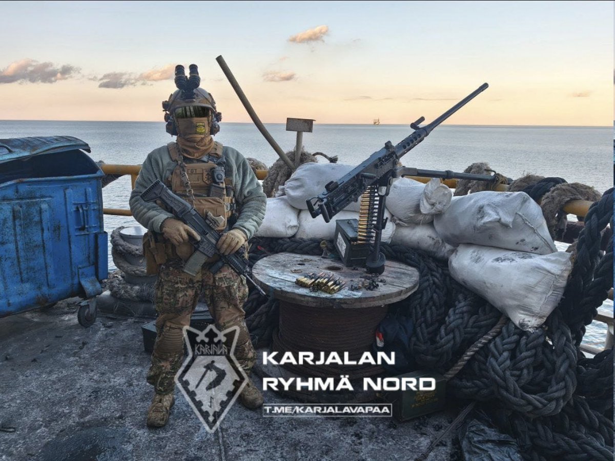 In recent months, Ukrainian Naval SOF operators have recaptured several oil platforms in the Black Sea from Russian forces. 

Seen here, a Ukrainian operator and his overwatch position on the Krym-2 platform, sporting a M2 Browning .50 HMG.