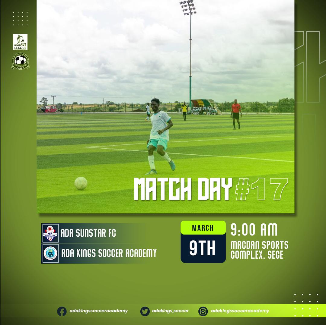 AdaKings_Soccer's tweet photo. ⚪️ MATCHDAY🔵
It’s derby in Ada. 
The Kings are guests to ADA SUNSTARS at the SEGE MCDAN Park. 

🕒 09:00 (GMT)
Come cheer us on !!! 

#garfa
#TogetherWeAchieve
#PrideofAda https://t.co/s07UrqTz9J