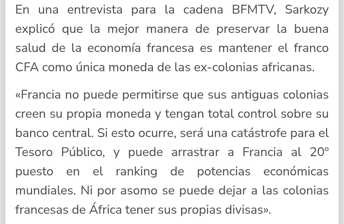 notasintel's tweet photo. #InteligenciaEconómica 

Al abandono de las bases podría seguir otra cosa más peligrosa para Francia 👇

2016 Nicolás Sarkozy sobre que sus antiguas colonias abandonasen el Franco CFA: *Ni por asomo se puede dejar a las colonias francesas de África tener sus propias divisas* https://t.co/YaJvilJnPa
